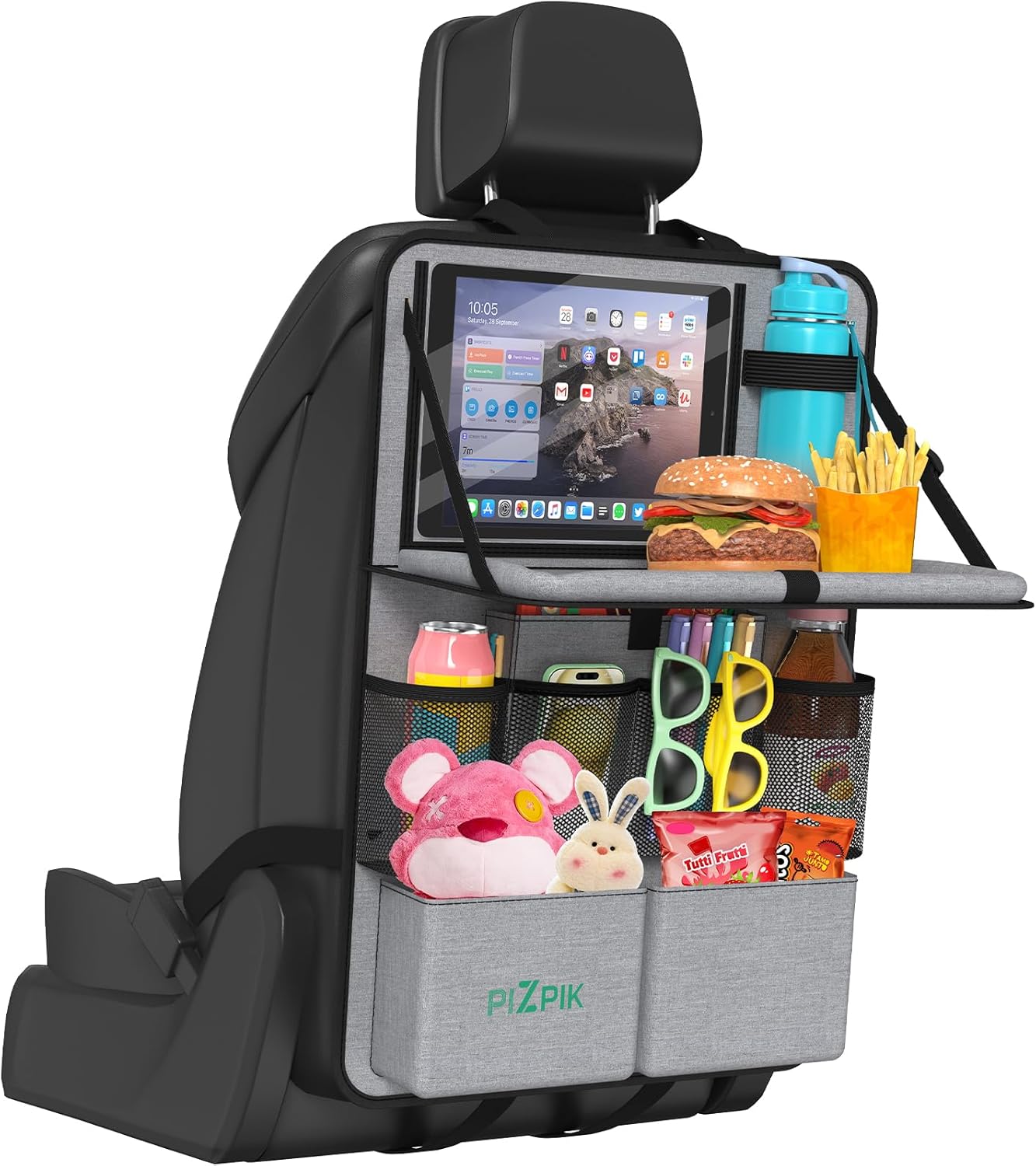 Car Backseat Organizer with Tablet Holder,11 Storage Pockets with Foldable Food Tray, Protector Kick Mats for Kids, Travel Accessories Organizer (Gray, 1Pack)