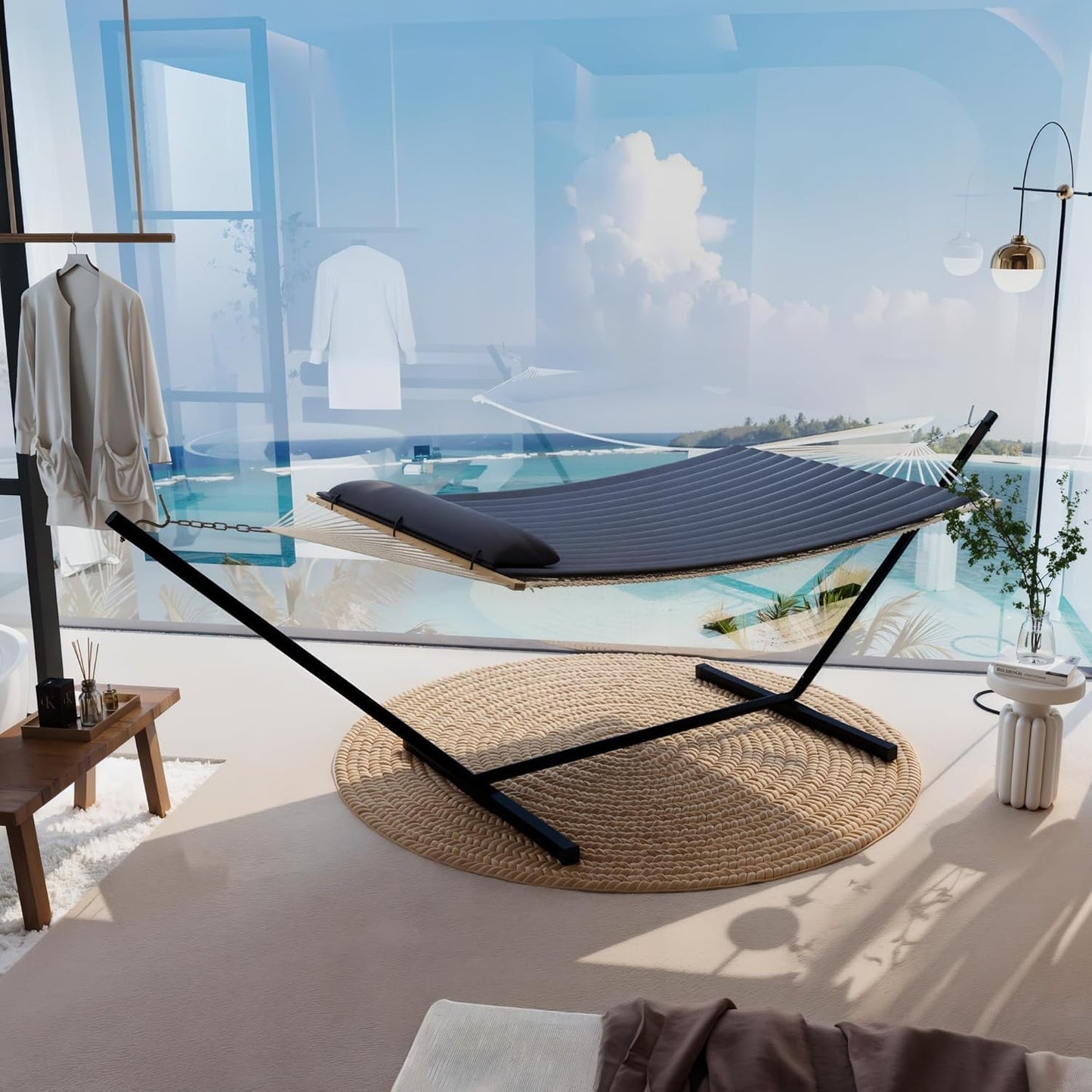 Double Hammock with Stand for 2 Persons Outdoor,Heavy Duty 450lb Capacity,with Portable Steel Frame,Cotton Rope,Polyester Pad and Carry Bag,Perfect for Garden Camping Beach Backyard Patio