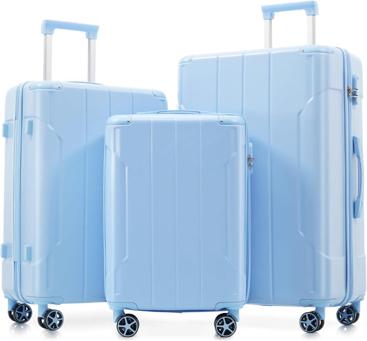 Merax Luggage Sets 3-Piece Hardshell with Spinner Wheels Lightweight Suitcase with Corner Guards (Skyblue, 20/24/28)