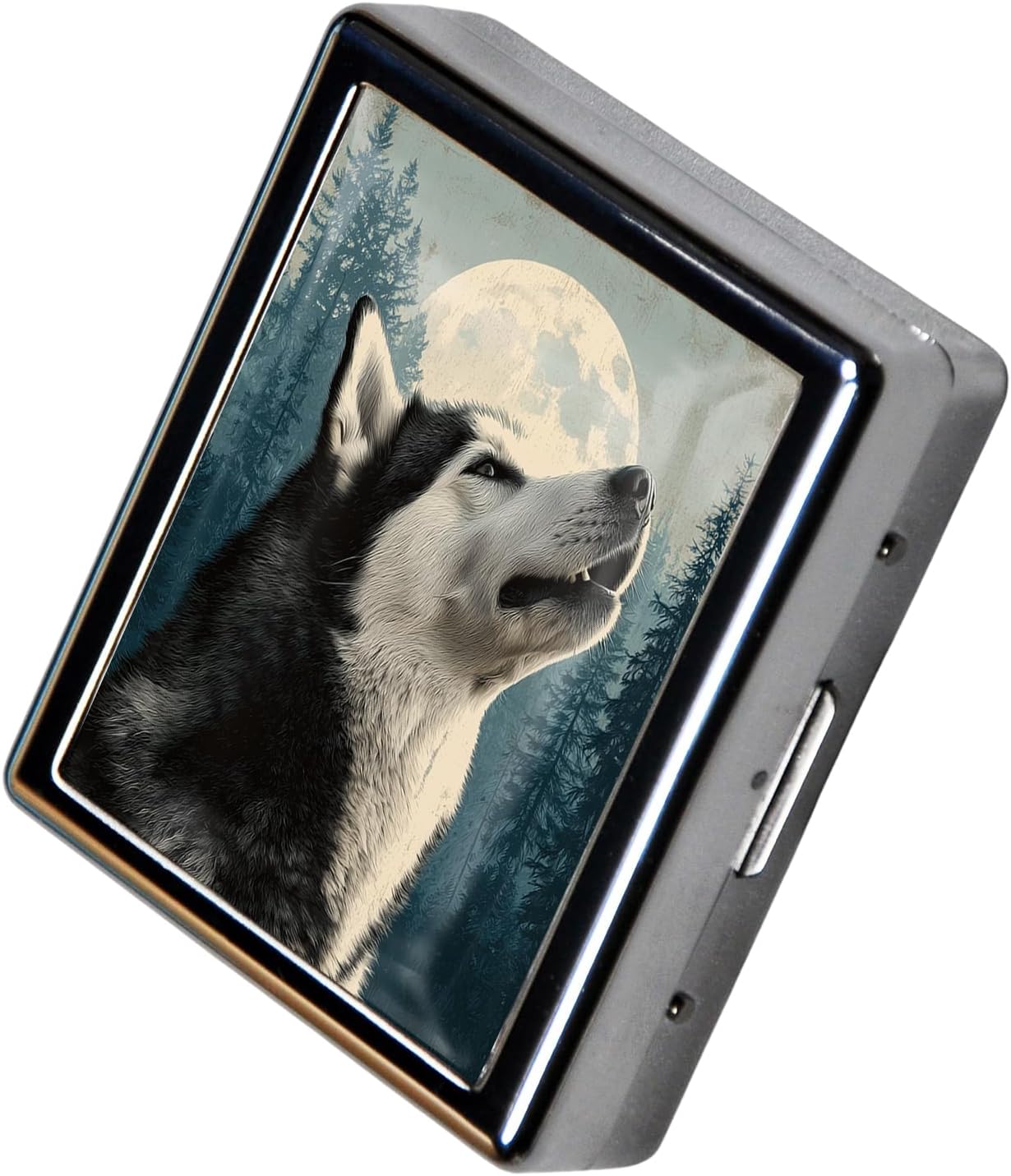 8‑Compartment Metal Pill Box Organizer – Portable Medicine Case 3″×2.6″ | Food‑Grade Dividers | Secure Snap Button Lid | Travel & Gift for Seniors (Howling at The Moon)