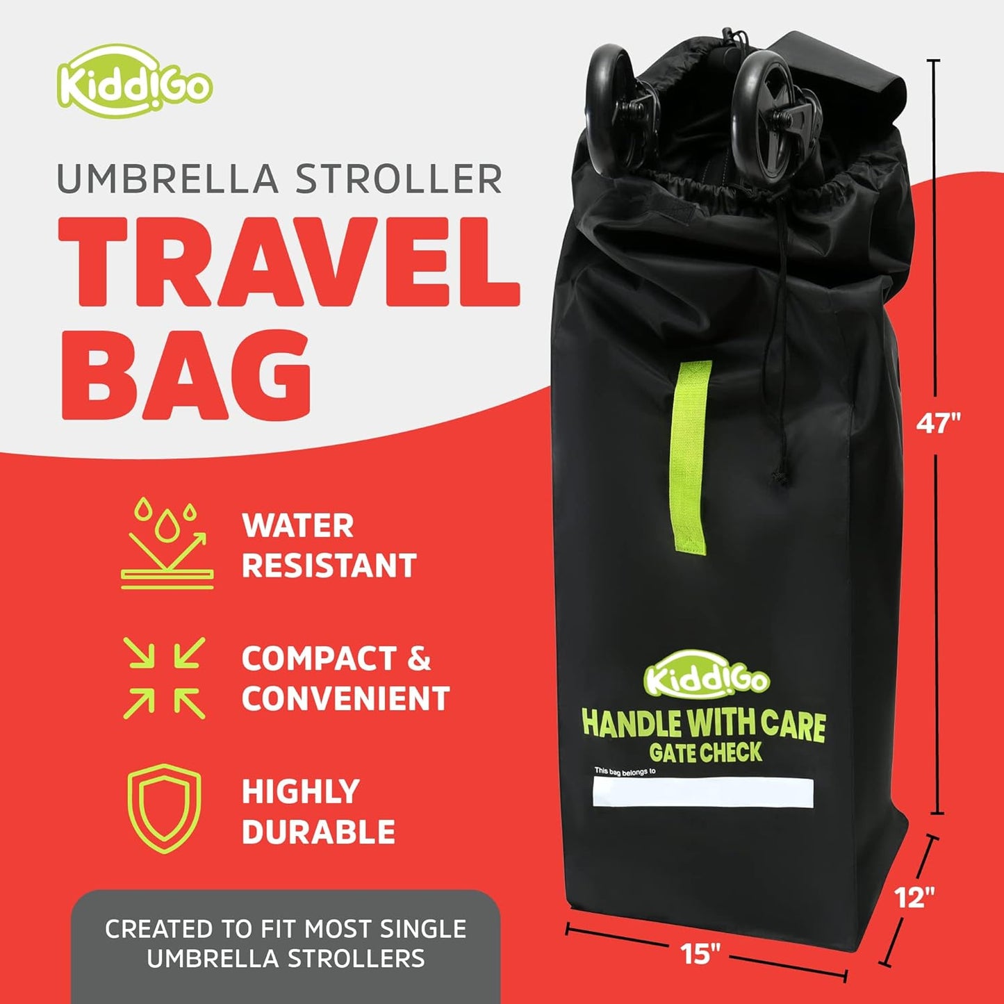 KiddiGo Umbrella Stroller Bag for Airplane Travel, Black and Green, 47" H x 15" W x 12" D, Fits Most Standard Umbrella Strollers, Gate Check Stroller Cover, Water-Resistant, Durable, Easy Carry Design