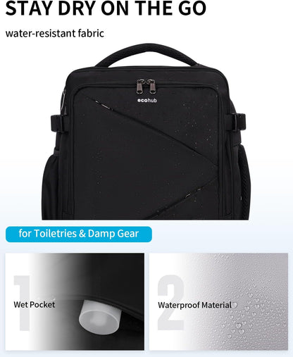 ECOHUB 30L Carry on Travel Backpack for Men Women 18x14x8, 17 inch Expandable Airlines Personal Item Bag Water Resistant Laptop Backpack Flight Approved with USB Slot & Wet Pocket, Black