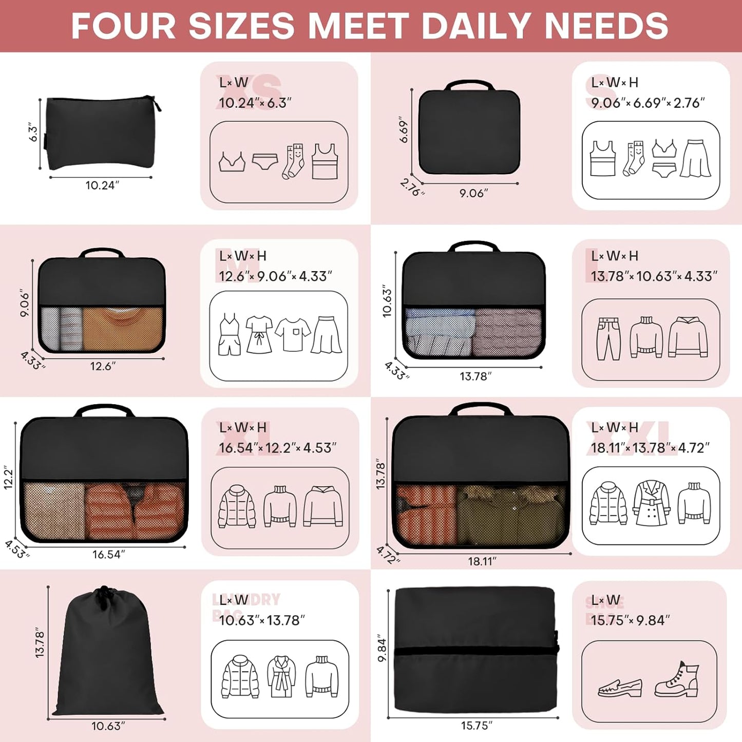 8 PCS Compression Packing Cubes for Travel Women, Compression Organizer for Luggage Space Saving Travel Essentials and Carry on, Luggage Organizer Bags for Suitcase - Black