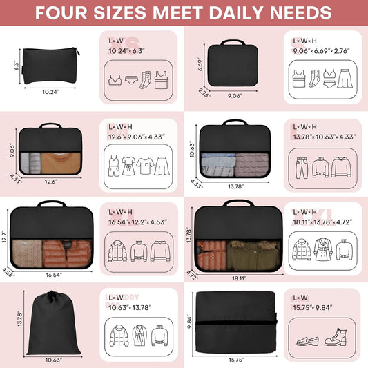 8 PCS Compression Packing Cubes for Travel Women, Compression Organizer for Luggage Space Saving Travel Essentials and Carry on, Luggage Organizer Bags for Suitcase - Black