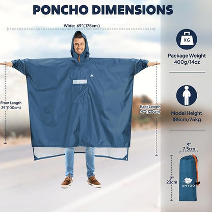 ANYOO Hooded Rain Poncho for Adults Waterproof Lightweight Rain Coat for Men - Image 2