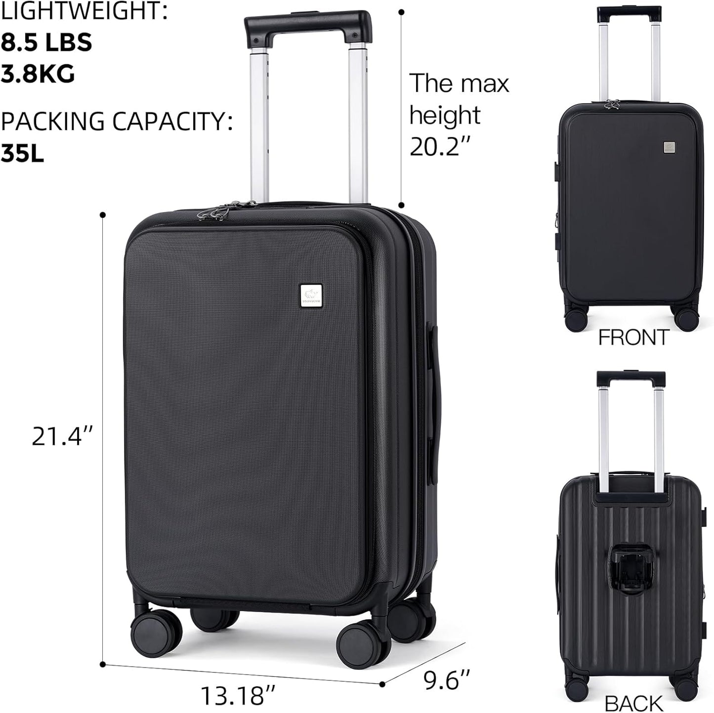 BISON DENIM 20 Inch Carry On Luggage, PC Lightweight Hardside Expandable Carry-On Luggage Airline Approved With Spinner Wheels, Front Compartment, Cup Holde, TSA-approved Lock, USB Port, Black