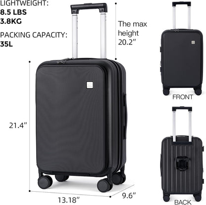 BISON DENIM 20 Inch Carry On Luggage, PC Lightweight Hardside Expandable Carry-On Luggage Airline Approved With Spinner Wheels, Front Compartment, Cup Holde, TSA-approved Lock, USB Port, Black