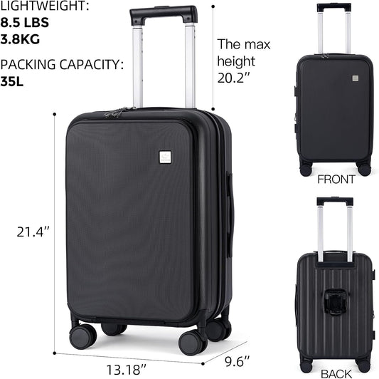 BISON DENIM 20 Inch Carry On Luggage, PC Lightweight Hardside Expandable Carry-On Luggage Airline Approved With Spinner Wheels, Front Compartment, Cup Holde, TSA-approved Lock, USB Port, Black