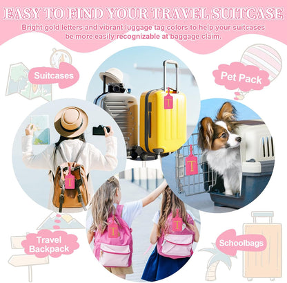 Personalized Initial Luggage Tags for Suitcase, Rose Red Leather Cute Luggage Tags with Privacy Cover Name Card, Embroidered Custom Monogram Tags Travel Backpack Tag Gifts for Women Kids(T)