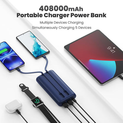 Portable Charger Power Bank 40,800mAh 25W Fast Charging USB C Portable Charger with 2 Built in Cables,5 Outputs & QC 4.0 Quick Phone Charging Battery Pack Compatible with iPhone 16/15/Android (Blue)