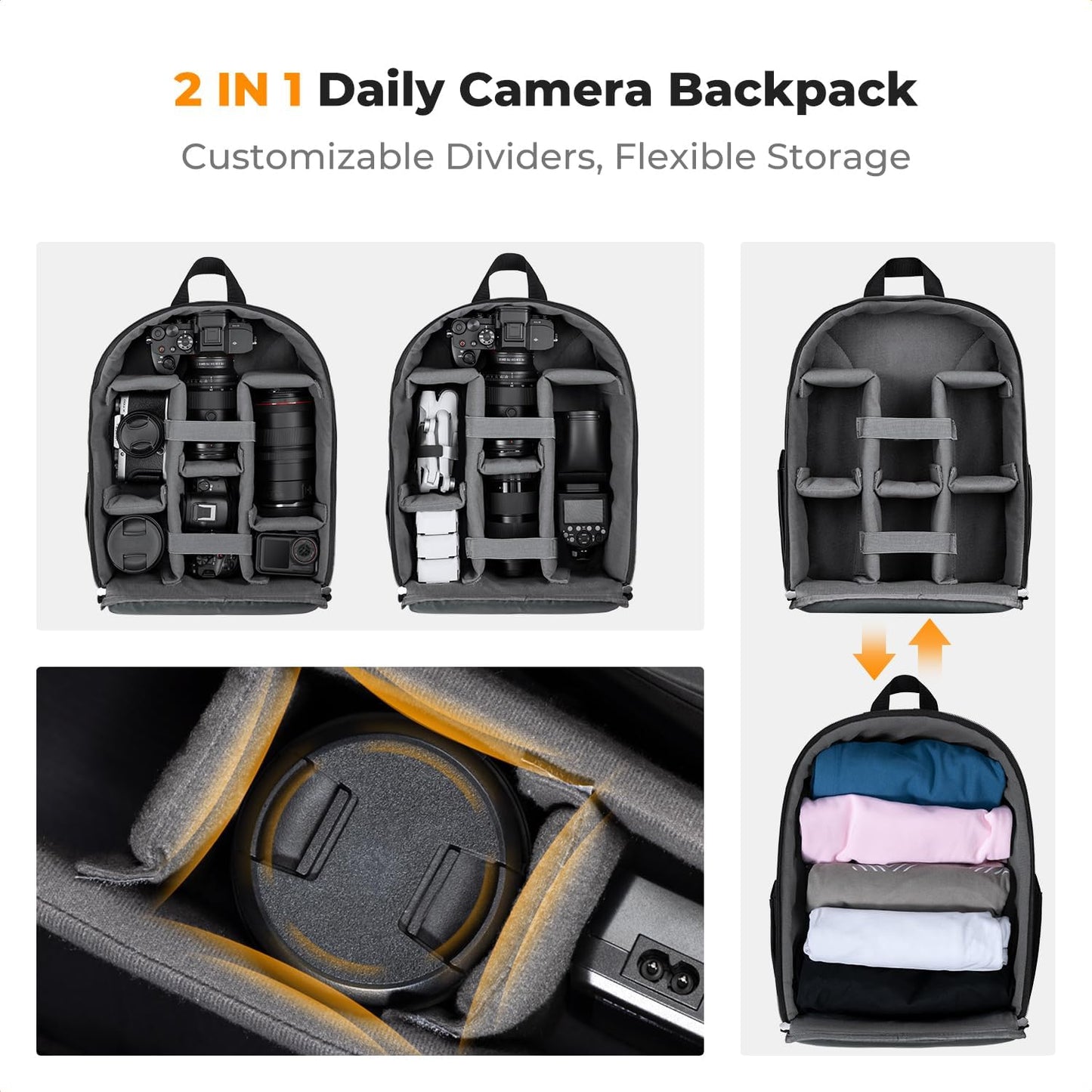 K&F CONCEPT Lightweight Camera Backpack Bag, Professional Photography Bag Compatible with Canon/Nikon/Sony Camera and Lens Accessories, Camera Case with Tripod Strap & Rain Cover
