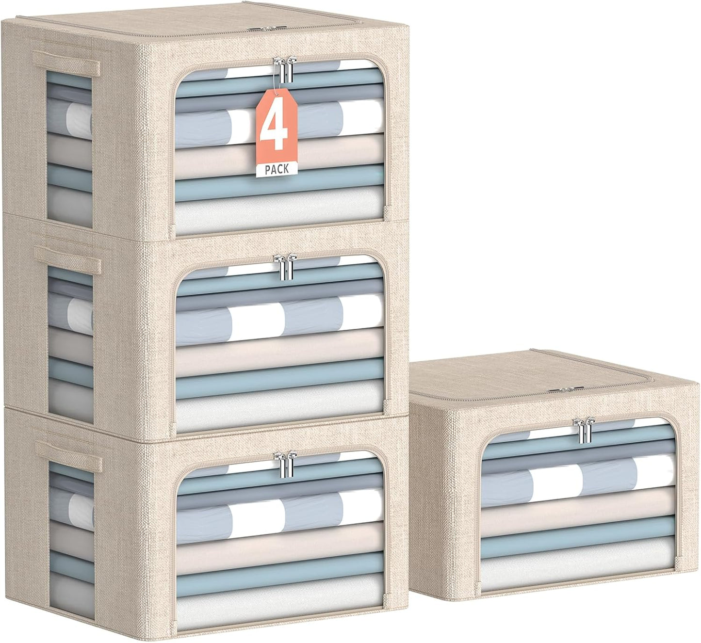 4 Pack Clothes Storage Bins with Metal Frame - Linen Fabric Foldable Stackable Container Organizer Set with Clear Window & Carry Handles & Zippers (Beige, 15.7"x11.8"x7.8")