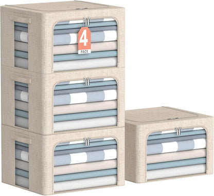4 Pack Clothes Storage Bins with Metal Frame - Linen Fabric Foldable Stackable Container Organizer Set with Clear Window & Carry Handles & Zippers (Beige, 15.7"x11.8"x7.8")