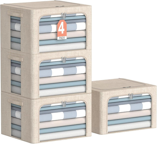 4 Pack Clothes Storage Bins with Metal Frame - Linen Fabric Foldable Stackable Container Organizer Set with Clear Window & Carry Handles & Zippers (Beige, 15.7"x11.8"x7.8")