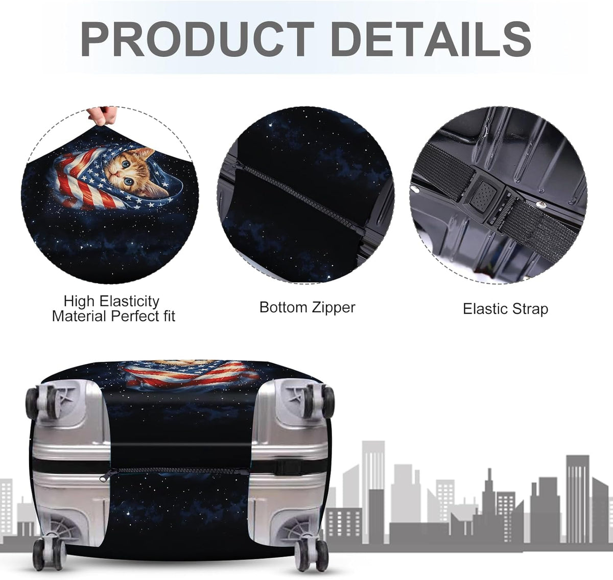 ANNA QUEEN Cute Patriotic Cat Luggage Cover, American Flag Suitcase Protector, Stretchable, Washable Travel Cover for 24-26 Inch Luggage