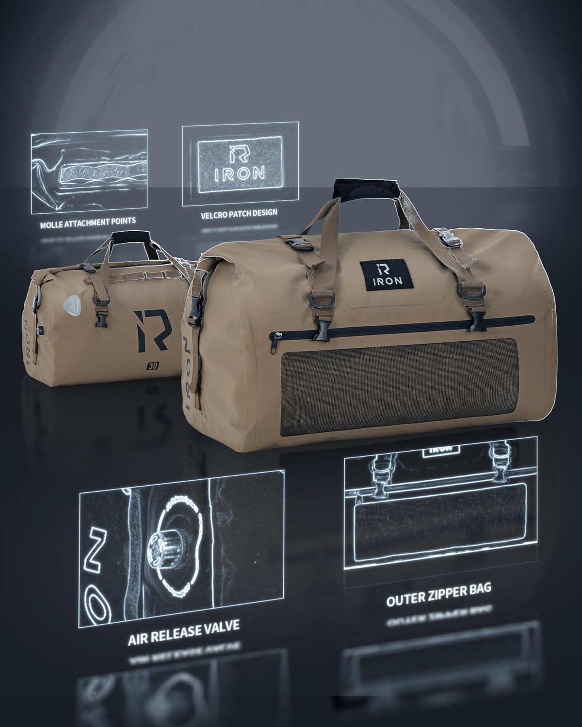 IRON JIA'S Motorcycle Dry Bag - Waterproof Duffle & Luggage Tail Bag Saddle Bags with Roll Top Closure, Shoulder Straps, Inner Pocket and Mesh Pocket (Brown, 30L)