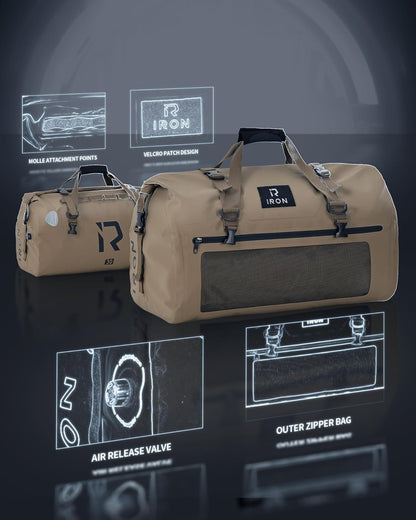 IRON JIA'S Motorcycle Dry Bag - Waterproof Duffle & Luggage Tail Bag Saddle Bags with Roll Top Closure, Shoulder Straps, Inner Pocket and Mesh Pocket (Brown, 30L)