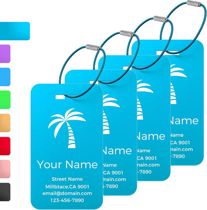 Personalized Luggage Tags, Custom Luggage Tags 4 Pack TSA Approved Double Sided Laser Engraving, Metal Luggage Tag for Suitcases with Stainless Loops, Name Tag for Bags, Backpacks (Lake Blue)