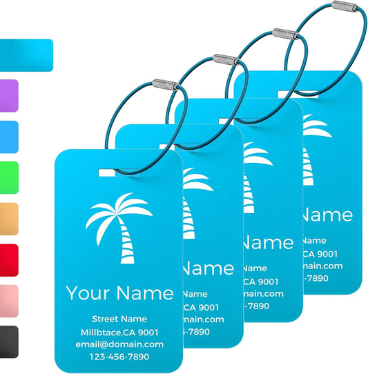 Personalized Luggage Tags, Custom Luggage Tags 4 Pack TSA Approved Double Sided Laser Engraving, Metal Luggage Tag for Suitcases with Stainless Loops, Name Tag for Bags, Backpacks (Lake Blue)
