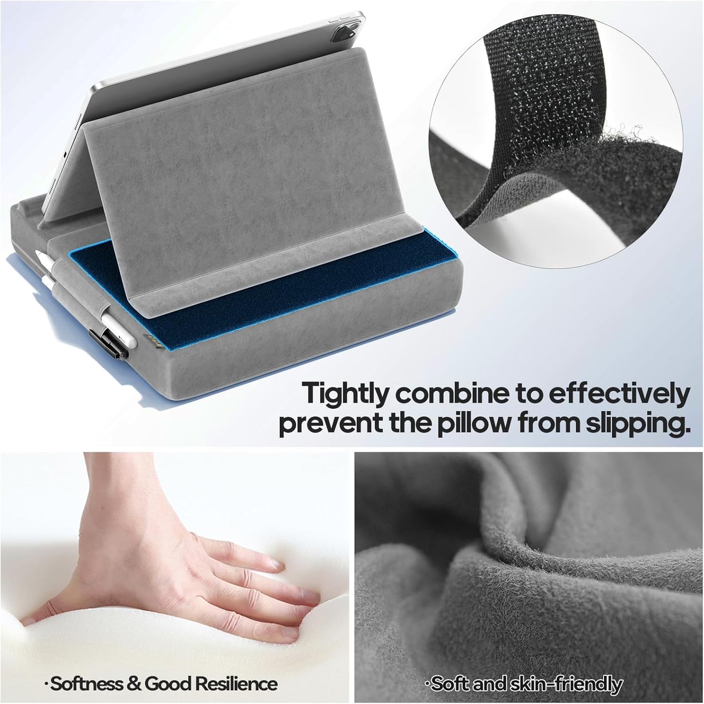 KDD Tablet Pillow Stand, Multi-Angle Viewing Ipad Holder for Lap, Bed and Desk, Foldable Soft Pad Dock with Stylus Mount Compatible with Ipad Pro 12.9, 10.5, 11, Air, Mini, Phones, Books, E-Reader