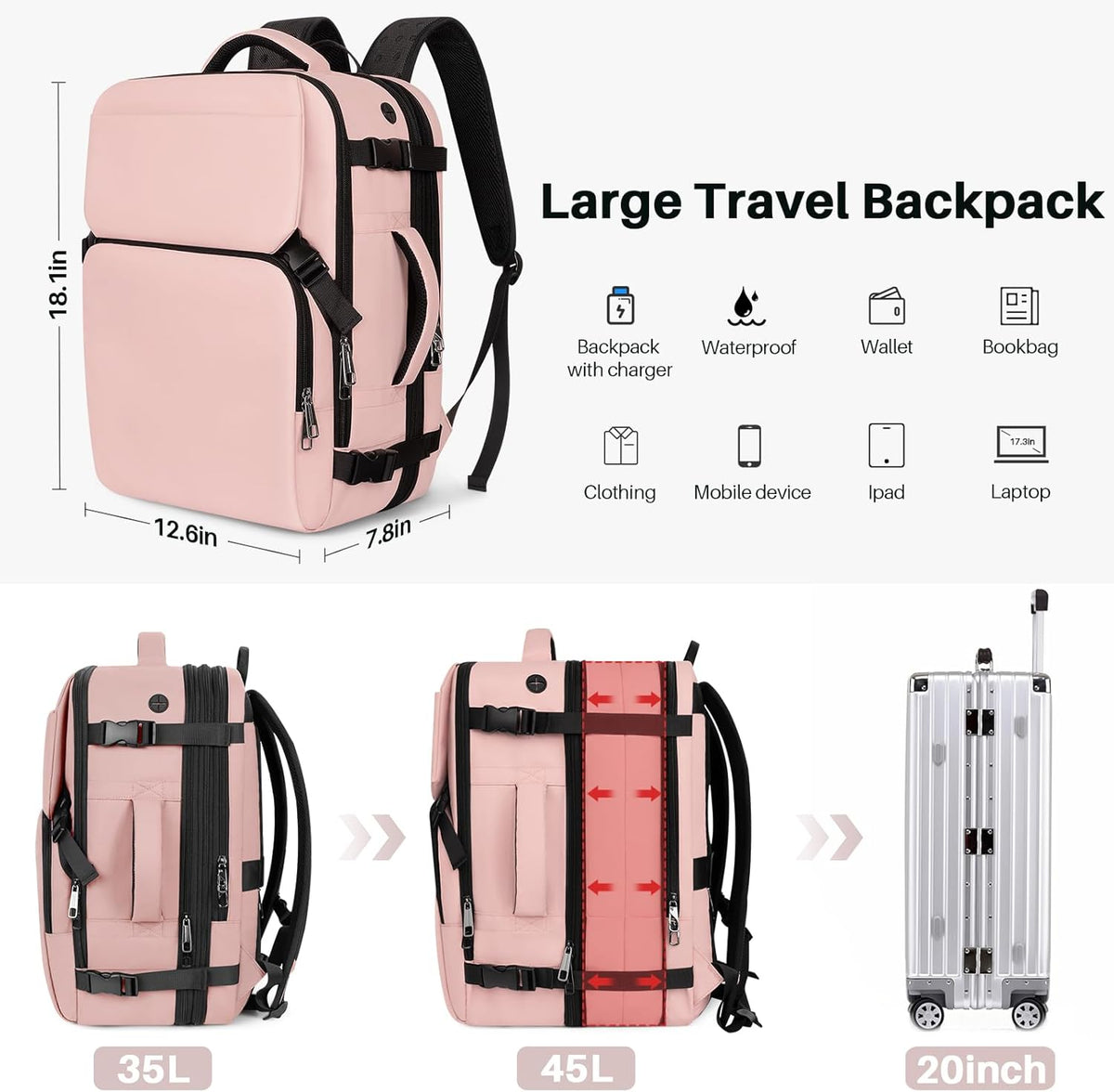Travel Backpack Carry On Flight Approved, Lightweight Large Travel Backpack, Expandable with USB Charging Hole, Waterproof Causal Bookbag for Travel Work College Fits 17 inch Laptop, Pink