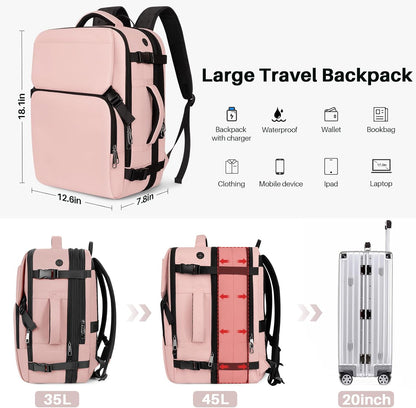 Travel Backpack Carry On Flight Approved, Lightweight Large Travel Backpack, Expandable with USB Charging Hole, Waterproof Causal Bookbag for Travel Work College Fits 17 inch Laptop, Pink