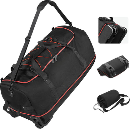Vomgomfom Wheeled Collapsible Duffel Bag,110L-140L Expandable Checked Luggage, No-Telescopic-Handle with Anti-Burst Zipper & Reinforced Frame,Black-red