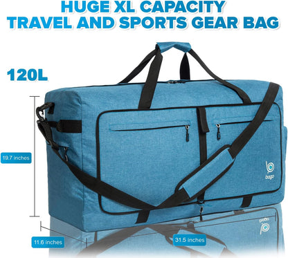 Bago Large Foldable Duffel Bags for Traveling Women & Men - 120L Packable Duffle Bag for Travel with Shoe Compartment - Water Repellant, Heavy Duty, Lightweight Folding & Collapsible (SnowBlue)