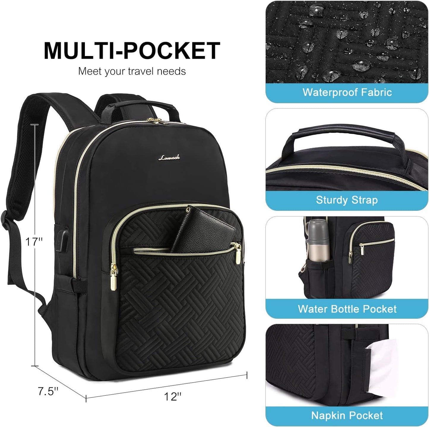 LOVEVOOK Laptop Backpack for Women, Stylish Quilted Backpacks Purse for Business Work Travel, Computer Bags Bag, with USB Port fits 15.6-inch Laptop, Black