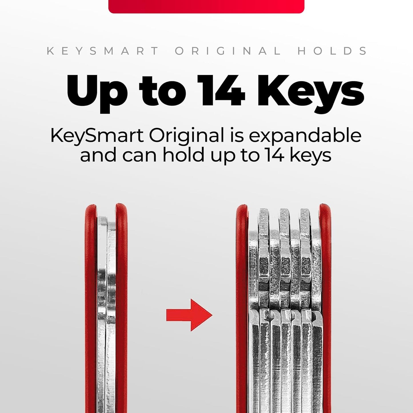 KEYSMART Key Holder for Keychain - Compact Key Organizer for Key Chain, Minimalist Clutter-Free EDC Keychains Key Ring, Red, 14 Keys