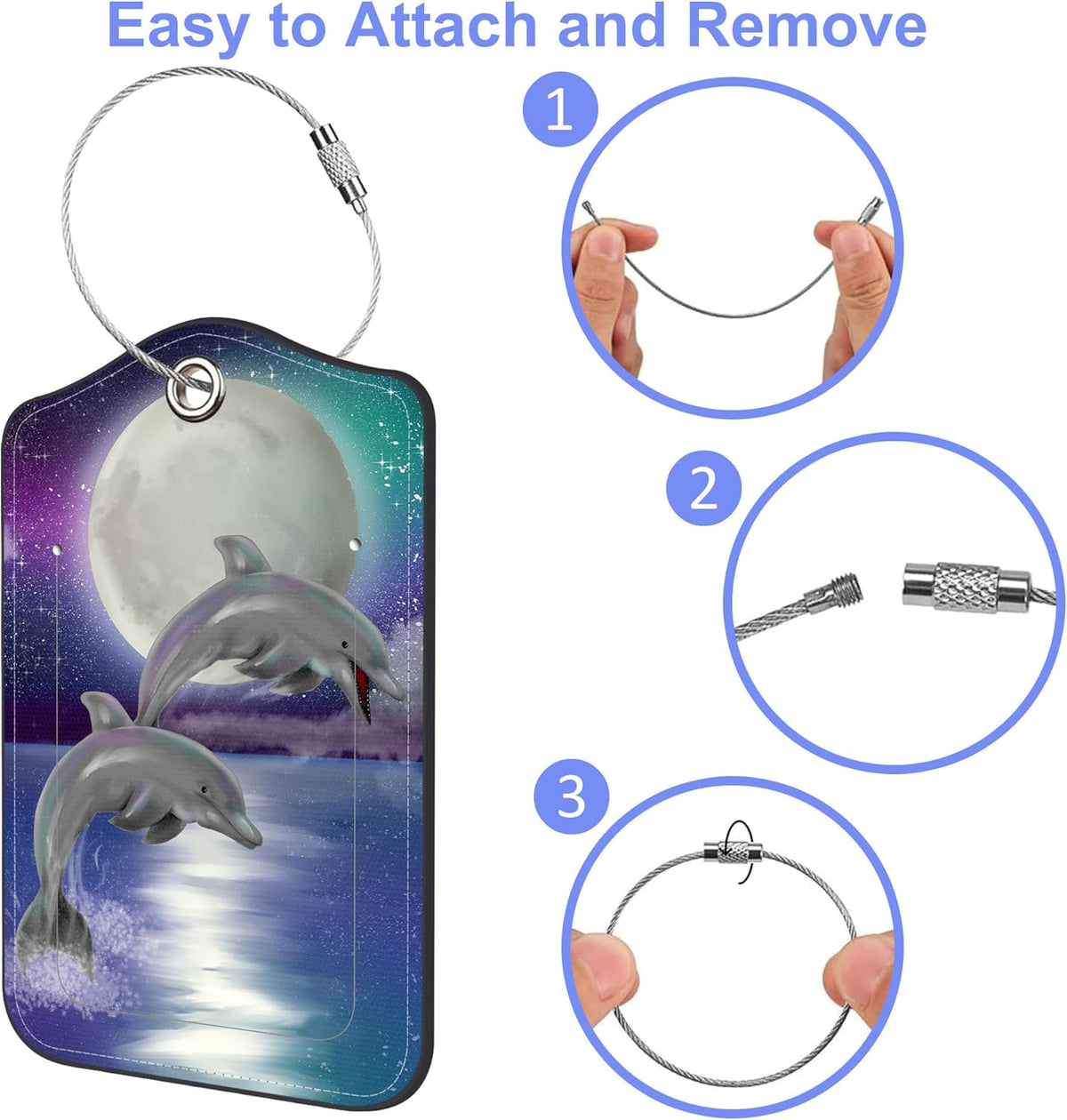 Set of 2 Luggage Tags for Suitcase Moon Night and Jumping Dolphin Leather Baggage Tags Set with Stainless Steel Loop Name Address Labels Privacy Cover for Men Women Travel Bag Suitcase