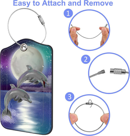 Set of 2 Luggage Tags for Suitcase Moon Night and Jumping Dolphin Leather Baggage Tags Set with Stainless Steel Loop Name Address Labels Privacy Cover for Men Women Travel Bag Suitcase