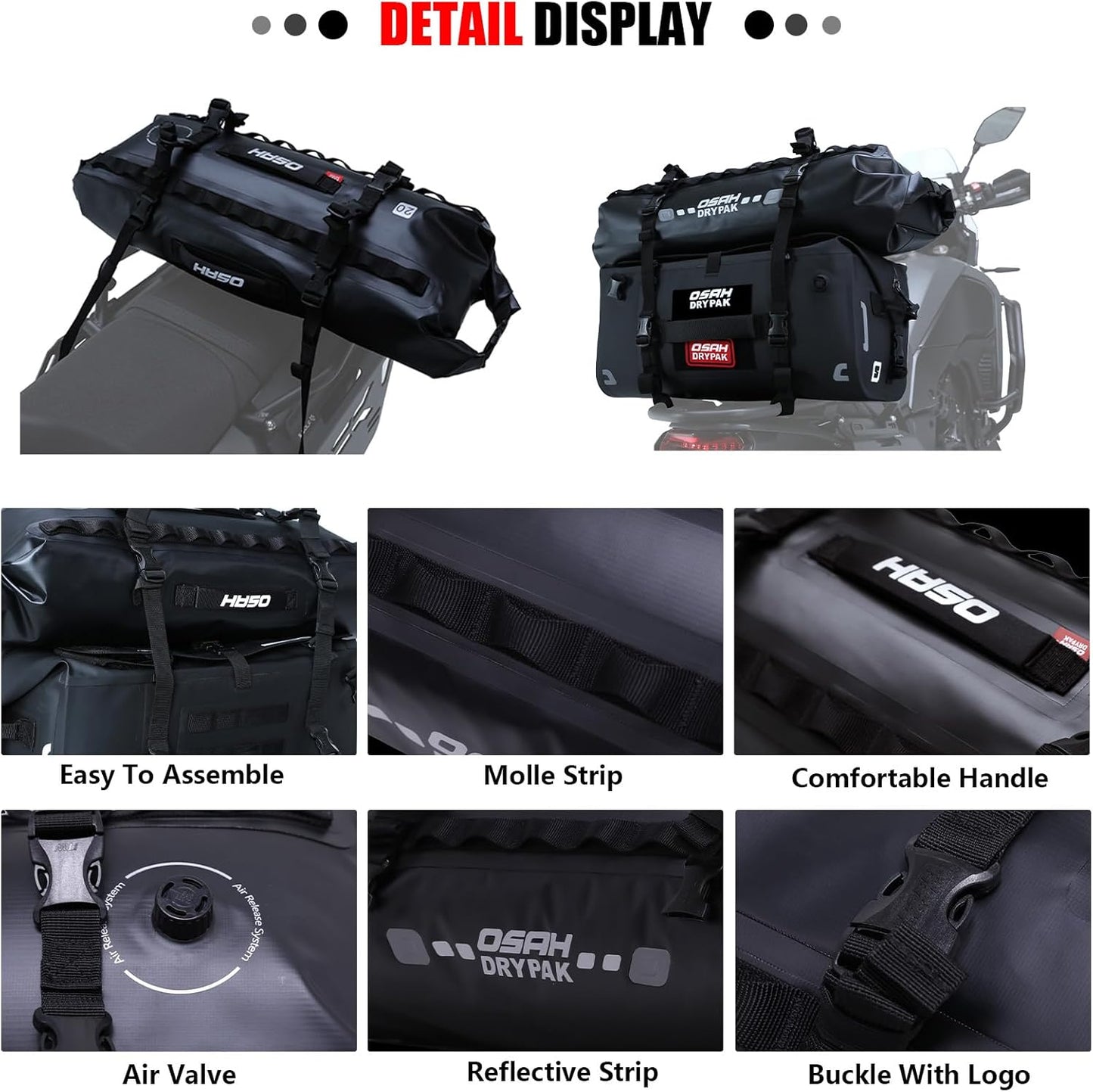 Waterproof Duffel& Luggage Bag - Motorcycle Dry Bag Tail Saddle Bags with Roll Top Closure,Large Storage Space,for Camping, Kayaking, Fishing & Traveling(Grey, 20L)