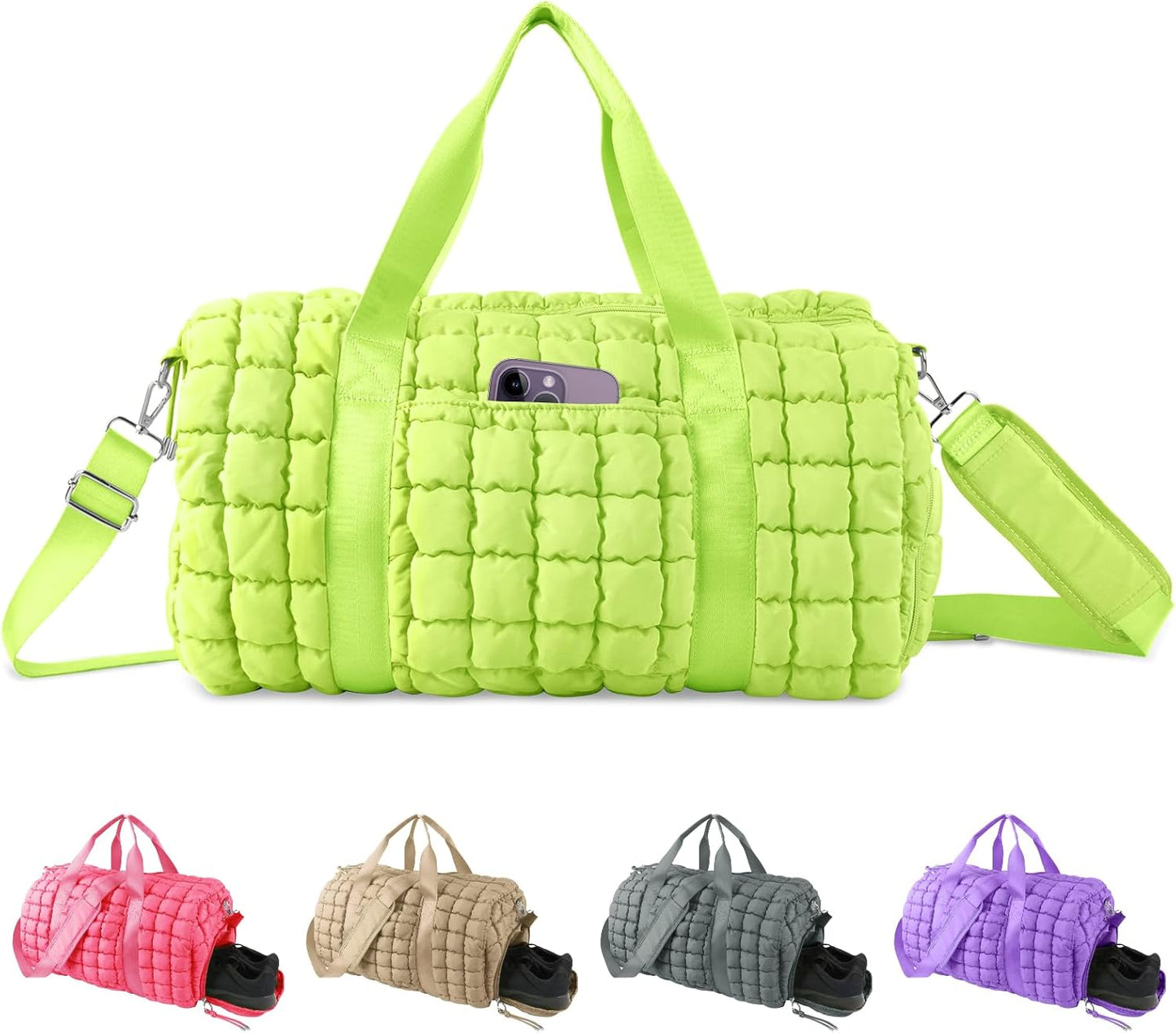Quilted Travel Duffle Bag Gym Bag for Women,Large Puffer Duffle Weekender Bag with Compartment,Workout Overnight Carry on Organizer Bag Duffle Bag for Airplane Travel(L-Green)