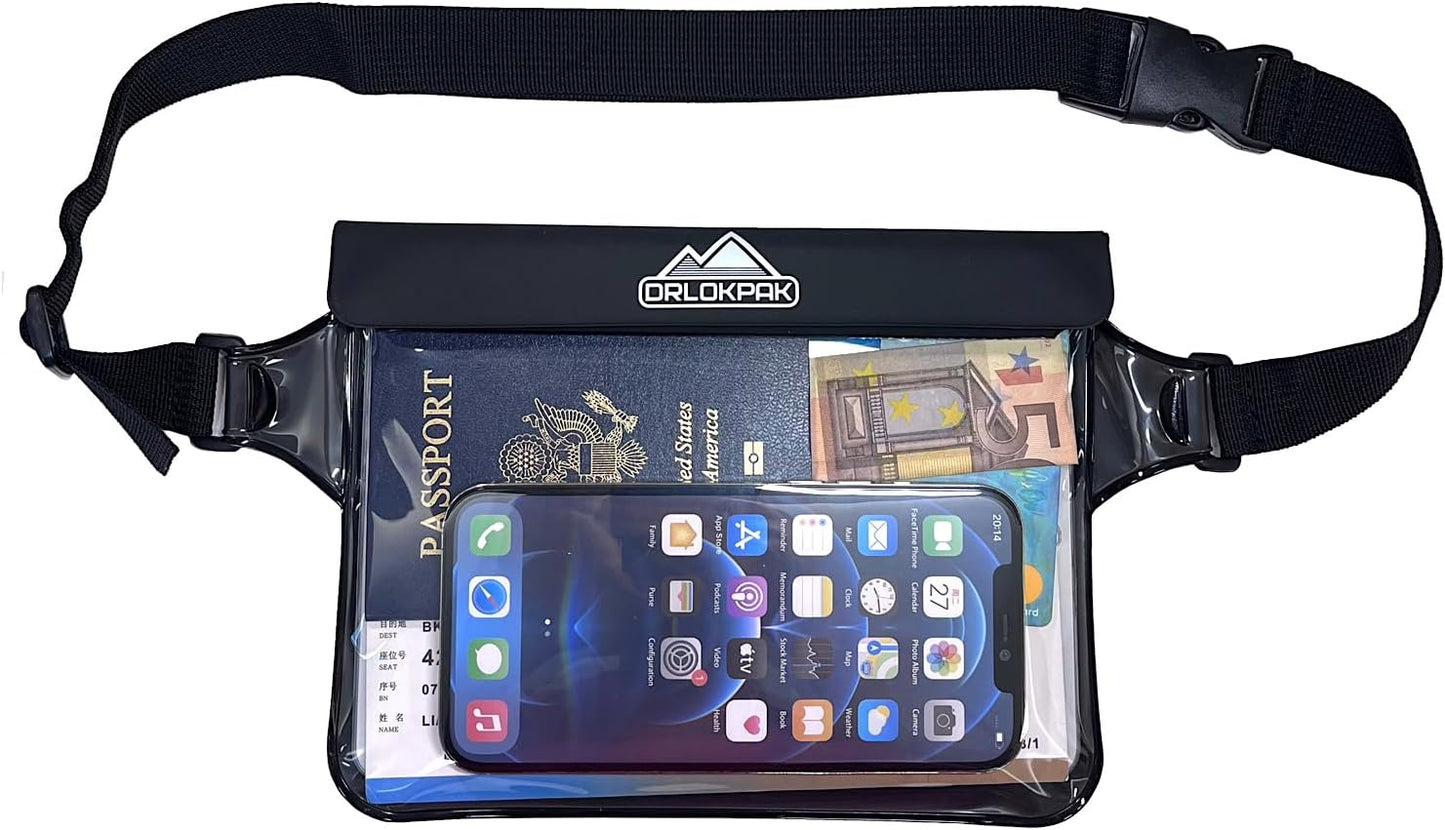 DRLOKPAK Waterproof Waist Bag Pouch Fanny Pack Bum Bag with Secret Holder Keeps Your Phone Kindle Wallet Watch & Valuables Dry - Perfect for Surf Canoe Swim Snorkel Dive Beach Pool(Black)