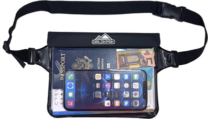 DRLOKPAK Waterproof Waist Bag Pouch Fanny Pack Bum Bag with Secret Holder Keeps Your Phone Kindle Wallet Watch & Valuables Dry - Perfect for Surf Canoe Swim Snorkel Dive Beach Pool(Black)
