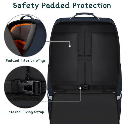 Car Seat Travel Bag - Padded Car Seat Carrier with Steel Cable Handle and Reflective Stripes, Large Durable Airport Gate Check Bag, Blue