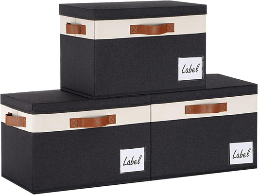 Large Storage Bins with Lids, Foldable Fabric Storage Baskets with Lids, Sturdy Storage Boxes with Labels and 3 PU Handles for Closet Home Bedroom Office (3 Packs, Black&White)