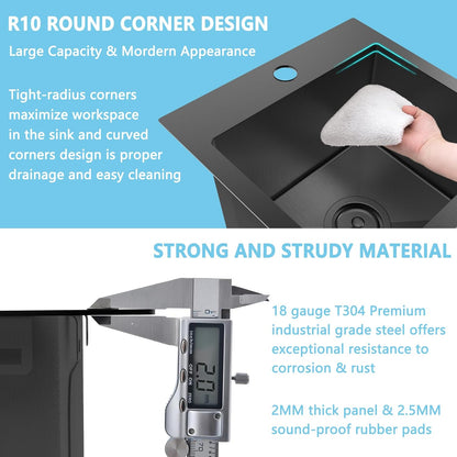 15 x 15 inch Drop in Bar Sink Black, Gunmetal Black Bar Sink 18 Gague Topmount Single Bowl Small Kitchen Sink with Basket Strainer Drain & Bottom Grid