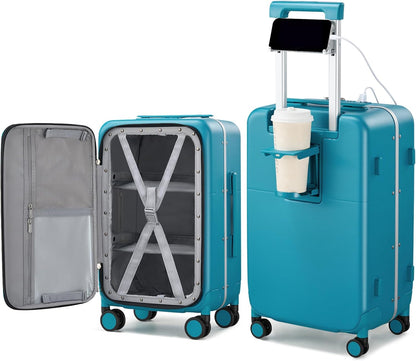 Hanke 28 Inch Luggage with Cup Holder and Charge,Top Opening Hard Shell Suitcases with Wheels and Dividers,Aluminum Frame Trunk Luggage Extra Large Suitcase with Lock for Travel,Caribbean Blue