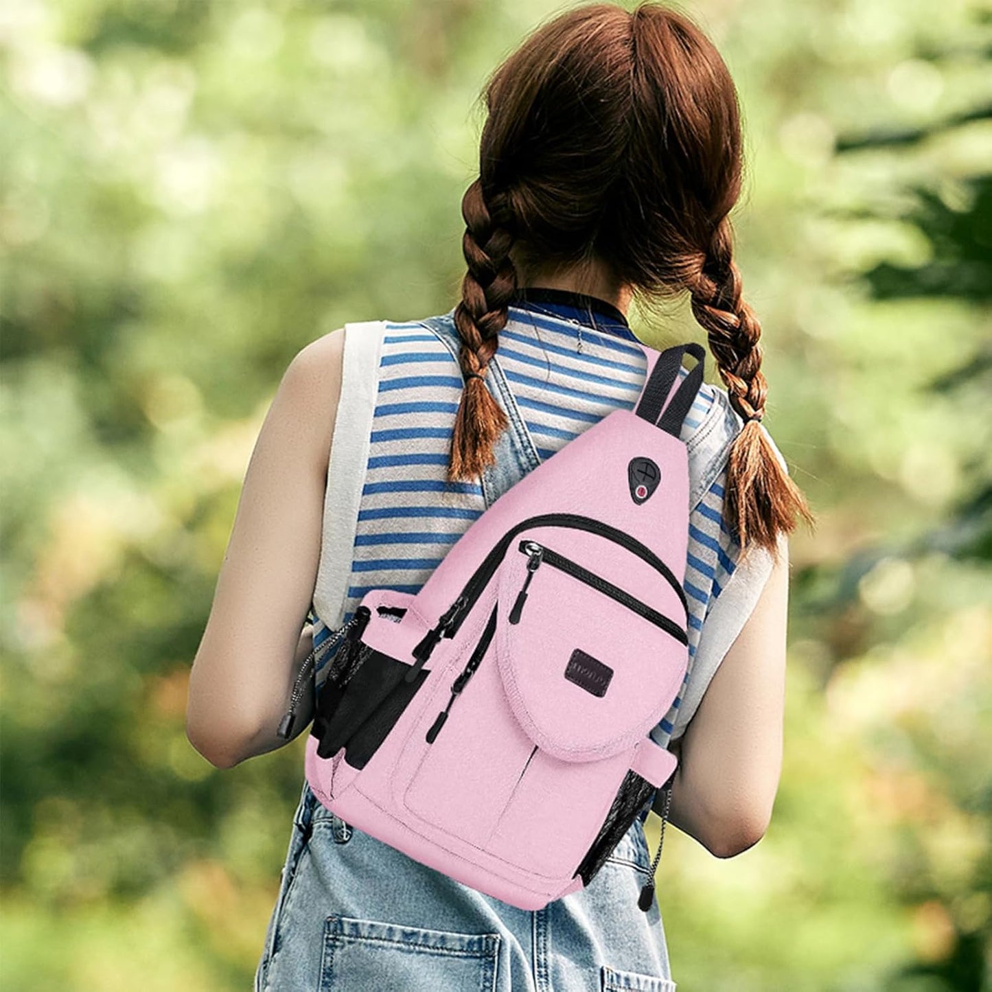 MOSISO Sling Backpack,Canvas Crossbody Hiking Daypack Bag with Anti-theft Pocket, Pink