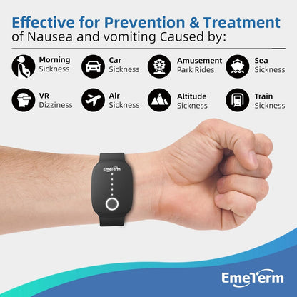EmeTerm Fashion FDA-Cleared Relieve Nausea Electrode Stimulator Morning Sickness Motion Travel Sickness Vomit Relief Rechargeable No Gel Drug Free Wristbands Without Side Effects (2 Pack)