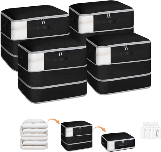 4 Pack Compression Storage Bags - 110L Large Capacity Comforter Storage Bag, 3-Layer Washable Ultra Space Saving Self Compression Organizer Space Bags for Blanket, Sweater, Sheet, Black