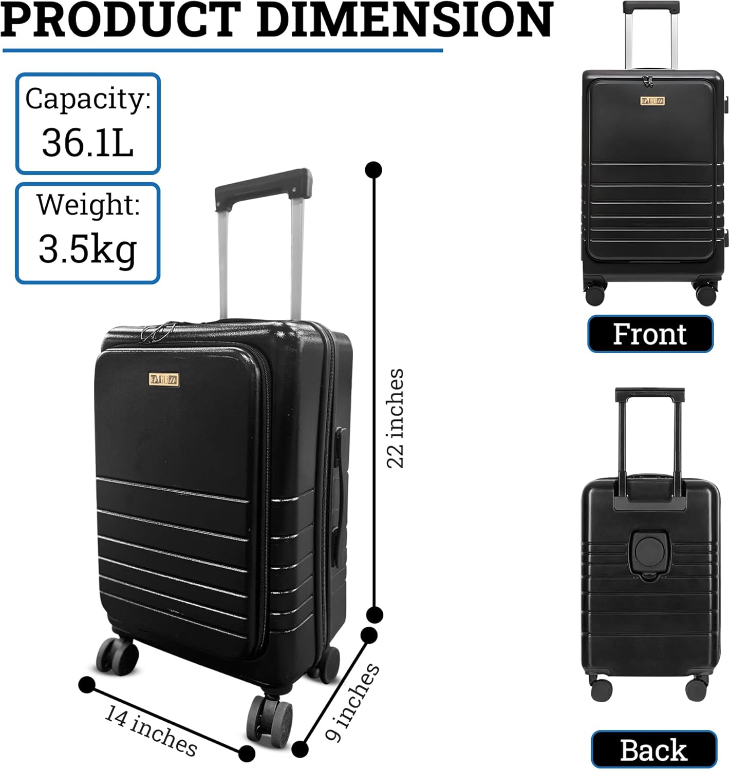 20 Inch Hardside Carry On Luggage with Spinner Wheels, Airline Approved 22x14x9 Carry-On Luggage with Front Pocket (Black)