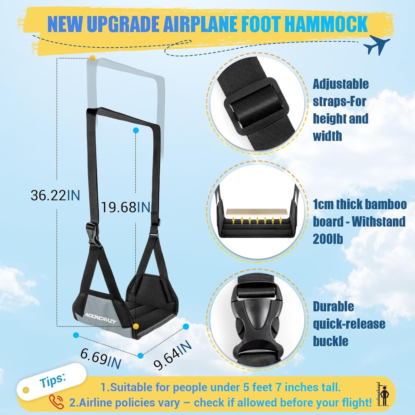 Airplane Foot Hammock, No Collapse Foot Rest for Plane Travel with Extended Adjustment Strap, Portable Desk Foot Hammock with Thickened Foam, Foot Sling Travel Essentials to Relax Your Feet(Gray)