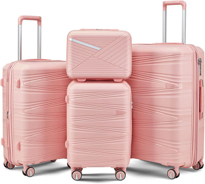 4-Piece Expandable Hardshell Luggage Set with TSA Lock (14/20/24/28) - Lightweight PP Suitcases, 360° Silent Spinner Wheels and Durable 100LB Handle for Air Travel (Pink)