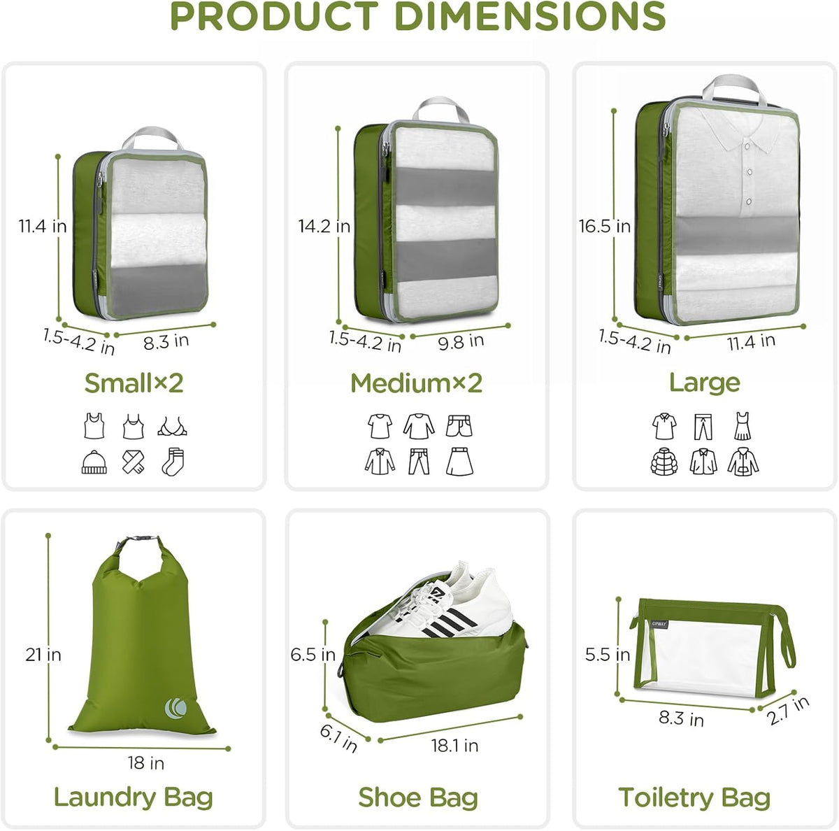 Cipway Compression Packing Cubes Mesh, Lightweight Luggage Organizer Bags with Laundry Bag,Toiletries Bag and Shoe Bag, Travel Essentials for Carry on Suitcase（8 Pcs,Green）
