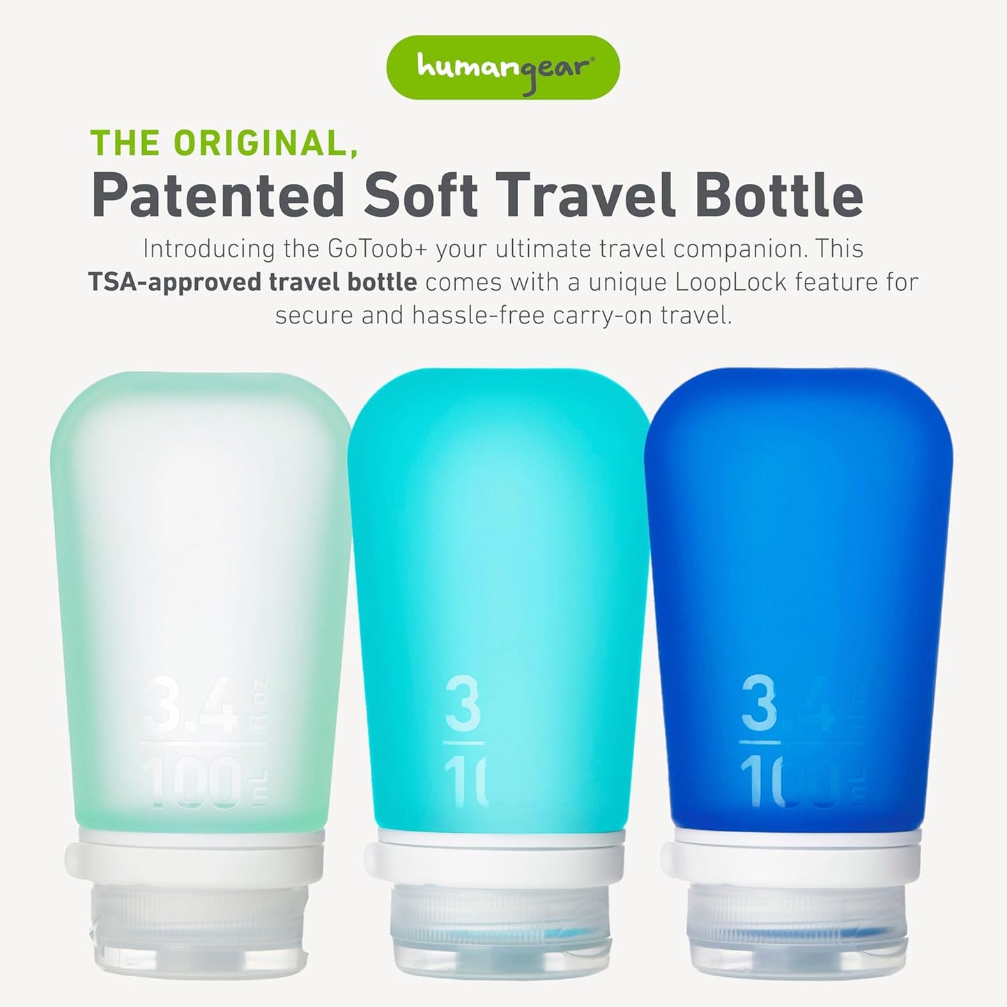 humangear GoToob+ 3-Pack (Large) | Refillable Silicone Travel Bottle | Locking Lid | Food-Safe Material | Mint/Aqua/Teal, Large (3.4 fl.oz.; 100ml)