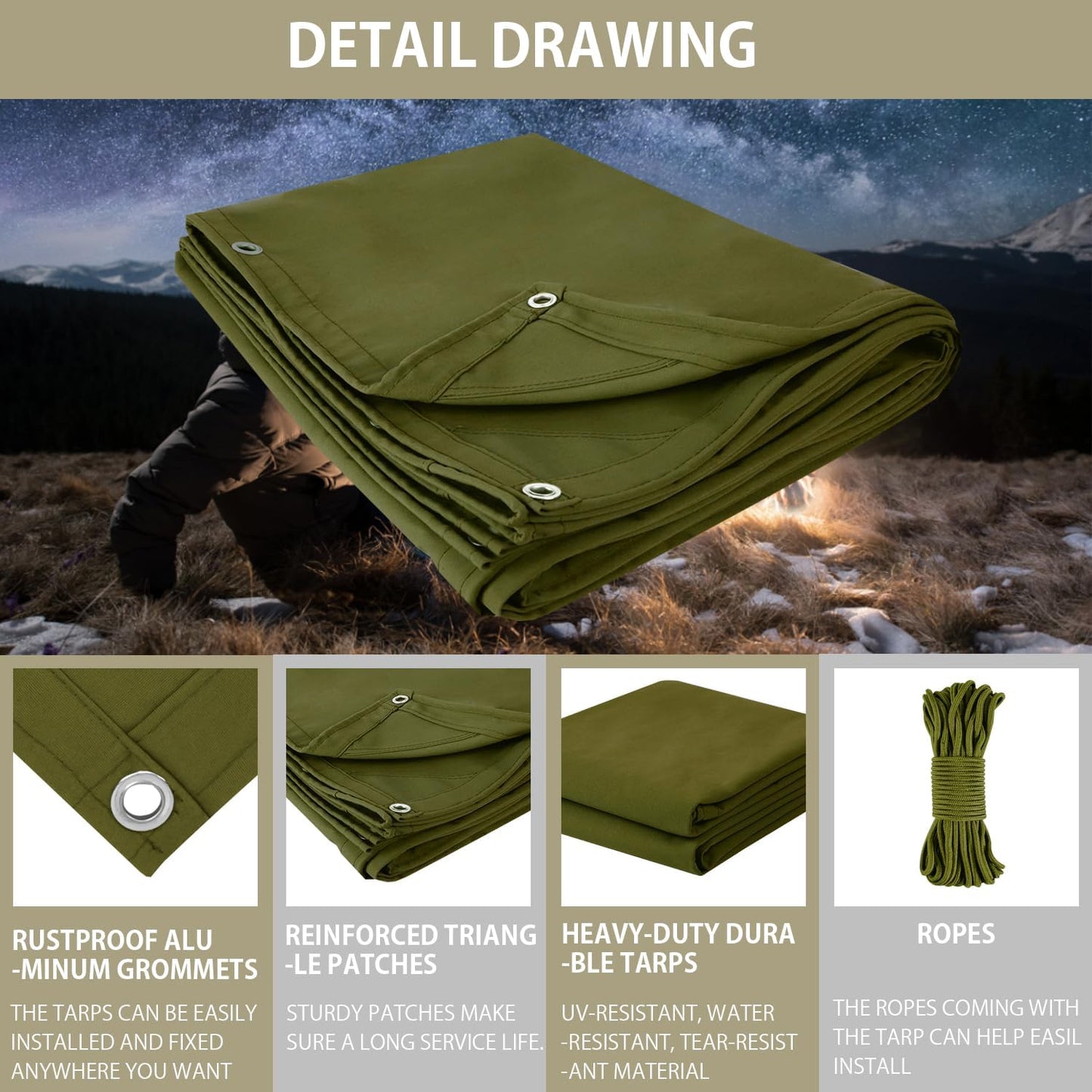 FoundGo Canvas Tarp 6x8ft Heavy Duty Waterproof Tarps with Grommets, UV Resistant, 22 Mil Tarpaulin,14 oz Durable Cloth Covers for Car, Roof, Boat, Camp, Canopy, Woodpile with Ropes-Moss