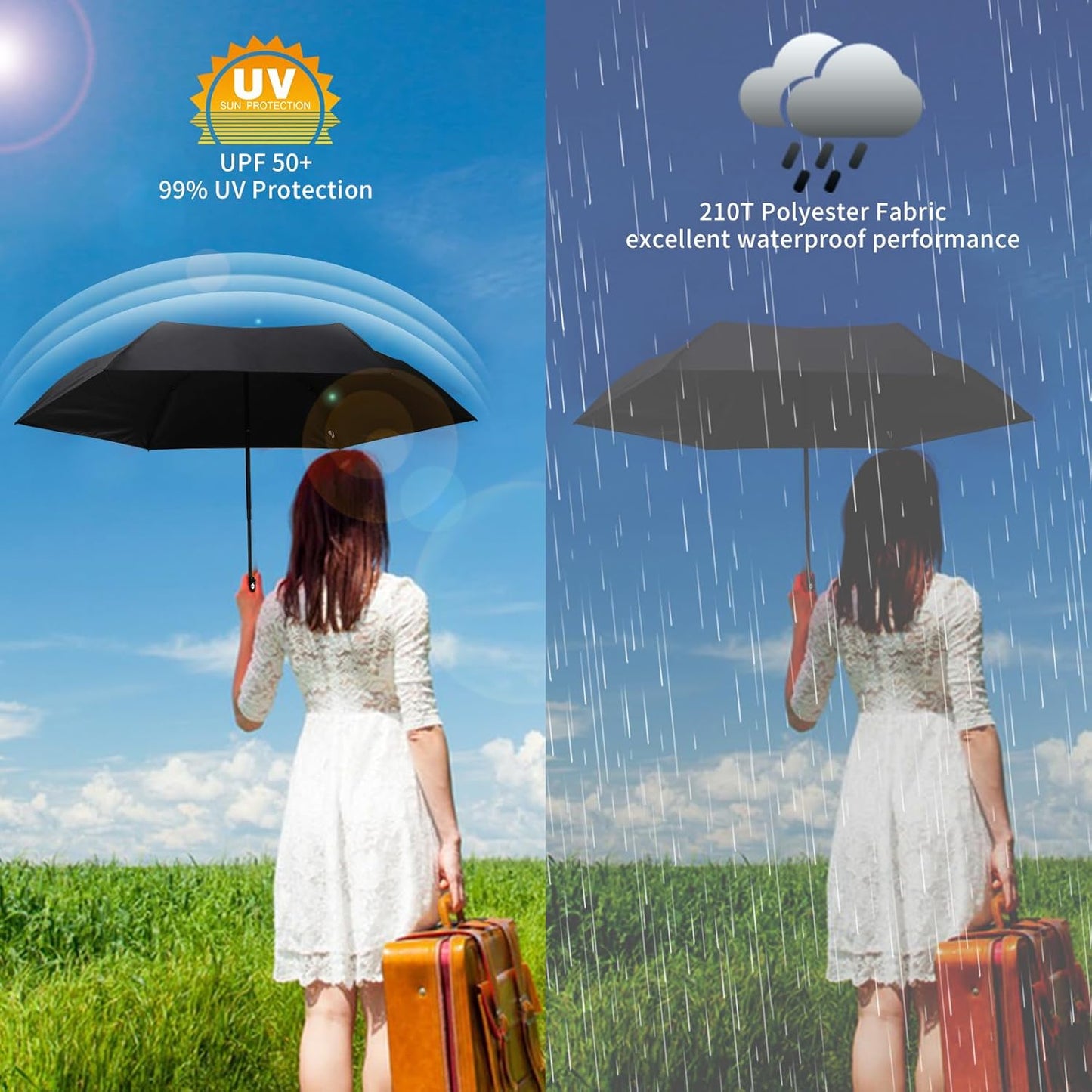 GAOYAING Compact Automatic Travel Umbrella with Case, Mini Small Folding Sun UV, Pocket Purse Umbrella